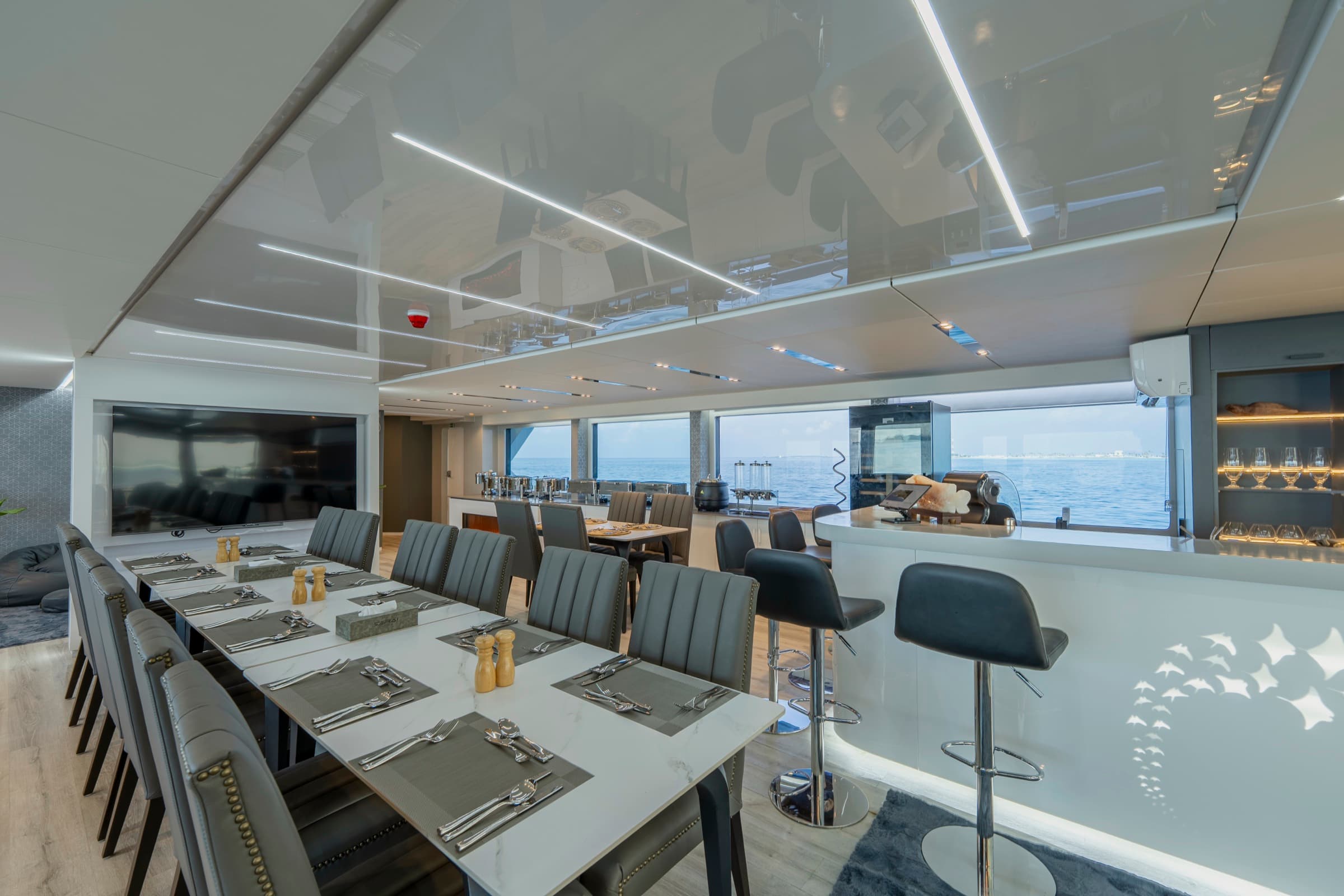 Luxury main salon interior aboard SERAI